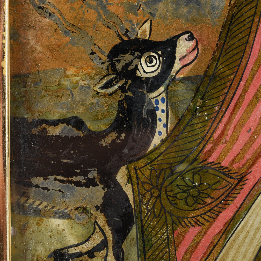 Antique Reverse Glass Painting Of Saraswati With Deer - 19thC | Indigo Antiques