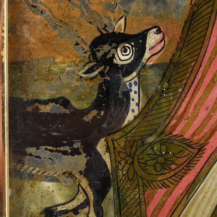Antique Reverse Glass Painting Of Saraswati With Deer - 19thC | Indigo Antiques