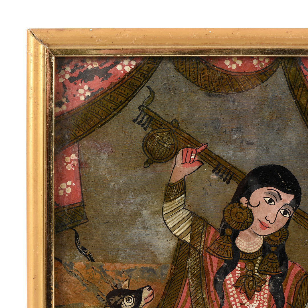 Antique Reverse Glass Painting Of Saraswati With Deer - 19thC | Indigo Antiques