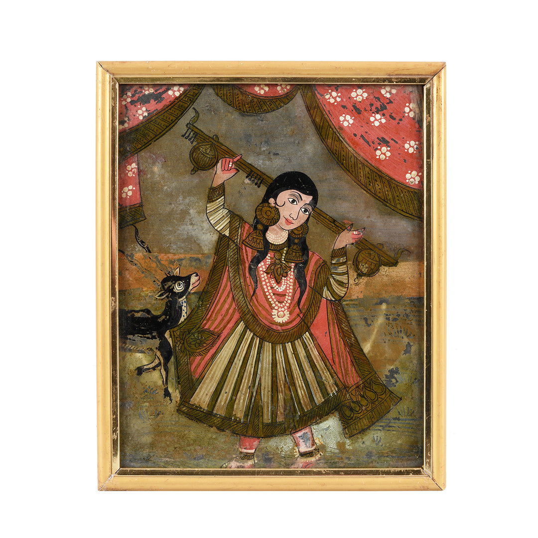 Antique Indian Reverse Glass Painting Of Saraswati With Deer, Playing A Saraswati Veena - 19thC | Indigo Antiques