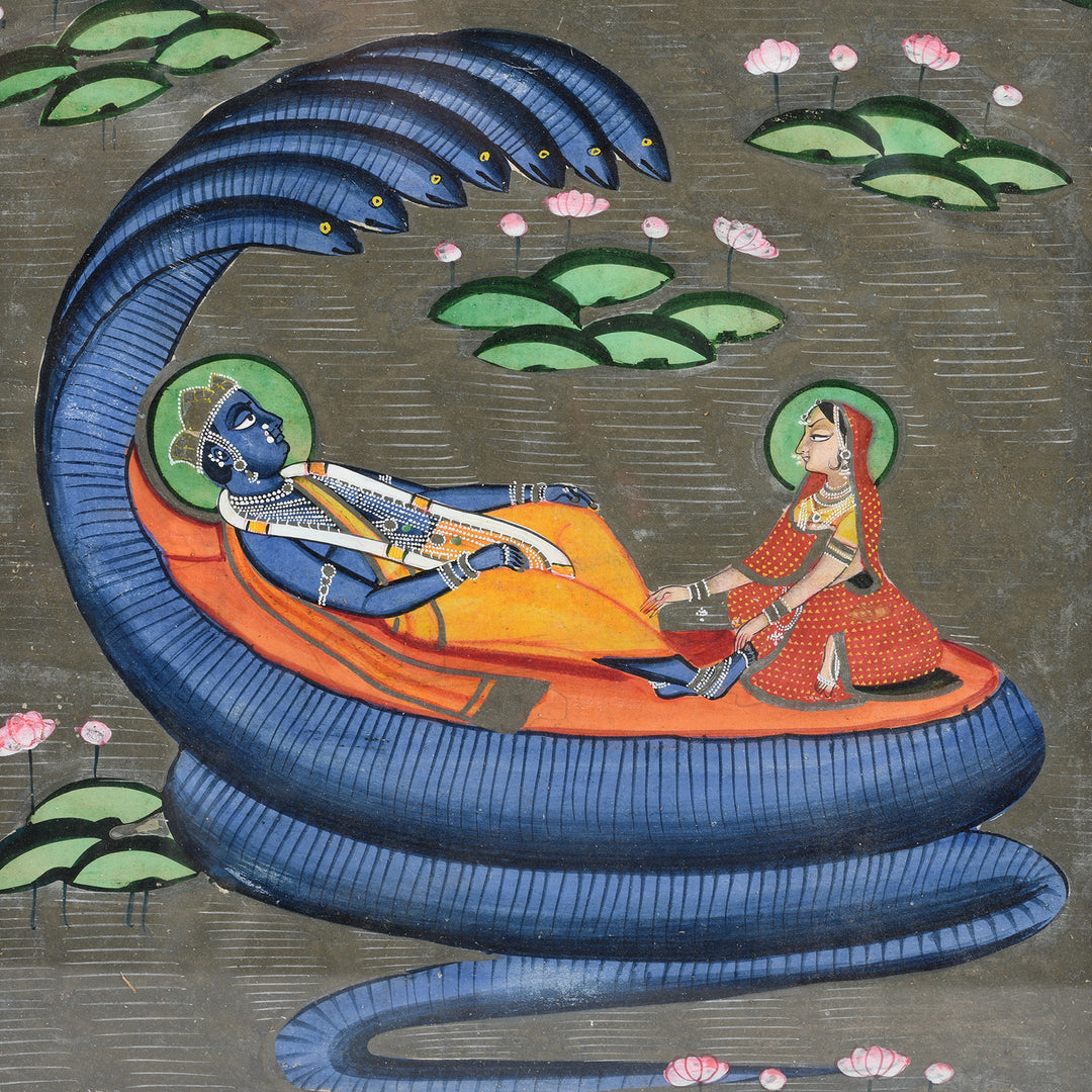 Antique Original Indian Watercolour Of Vishnu On A Bed Of Snakes - 19thC | Indigo Antiques