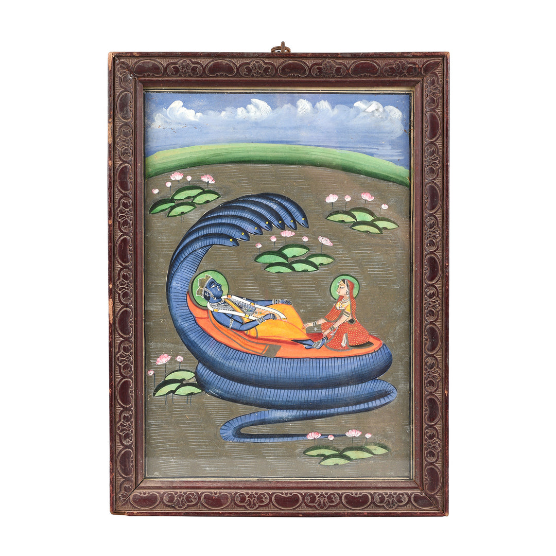 Antique Original Indian Watercolour Of Vishnu On A Bed Of Snakes - 19thC | Indigo Antiques