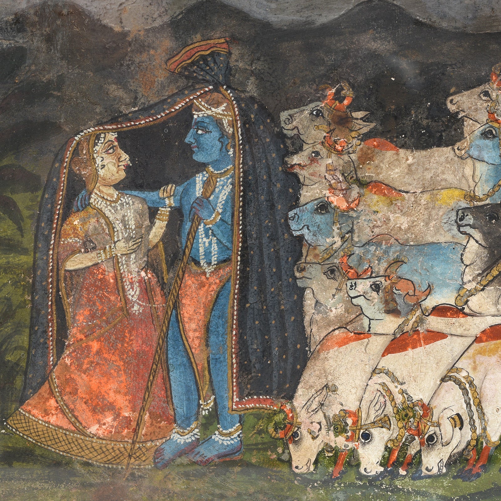 Original Framed Indian Watercolour Of Krishna And Radha - 19thC