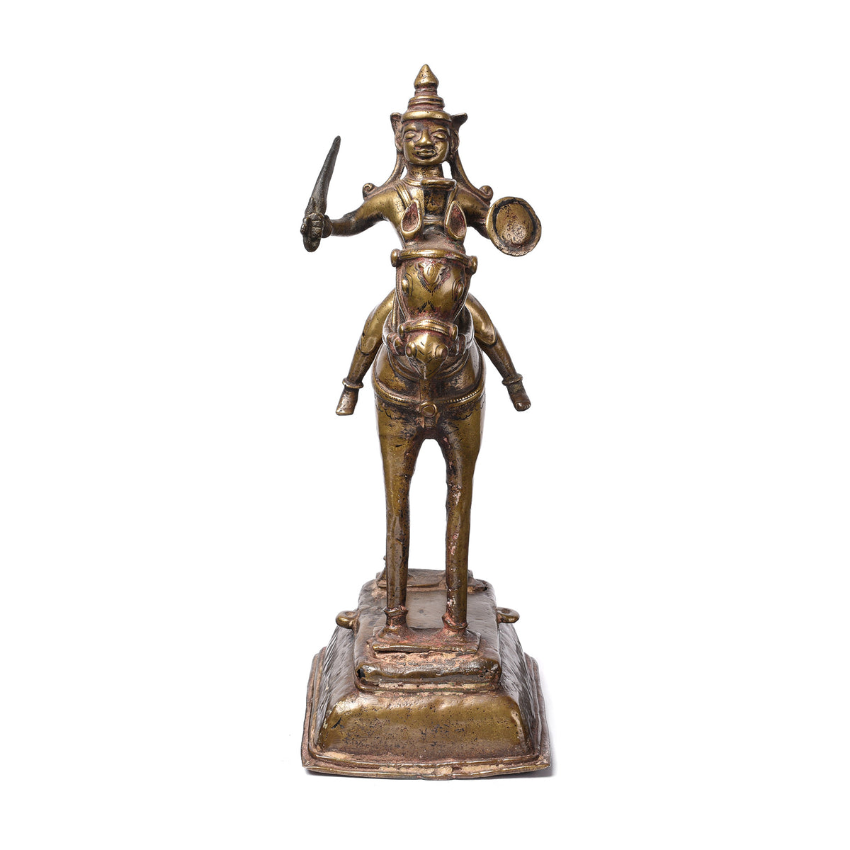 Frontal View Of Antique Brass Horse & Kahndoba From The Deccan - 18th Century | Indigo Antiques