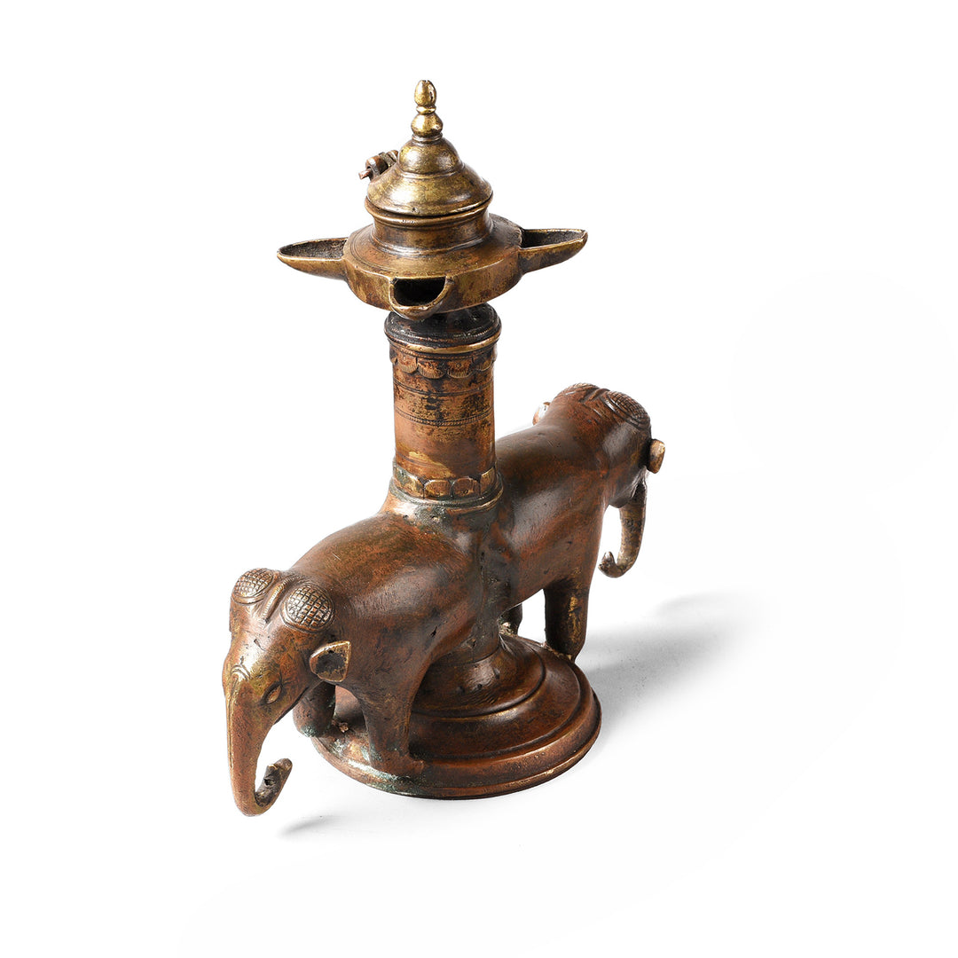 Angled View Of Antique Brass Elephant Lamp From Kerala - Early 19th Century | Indigo Antiques