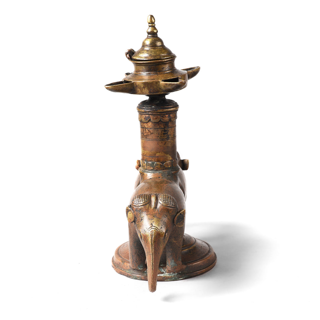 Front View Of Antique Brass Elephant Lamp From Kerala - Early 19th Century | Indigo Antiques