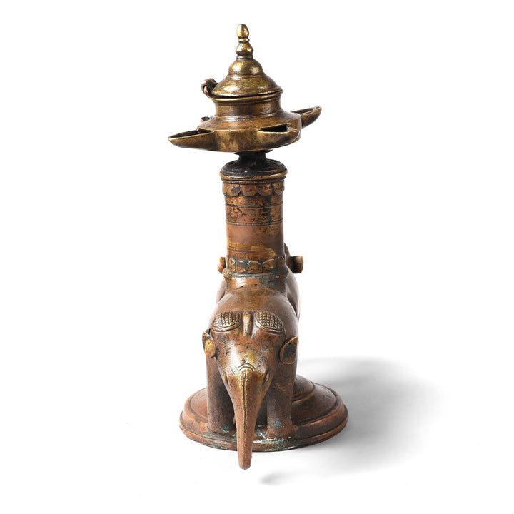 Front View Of Antique Brass Elephant Lamp From Kerala - Early 19th Century | Indigo Antiques