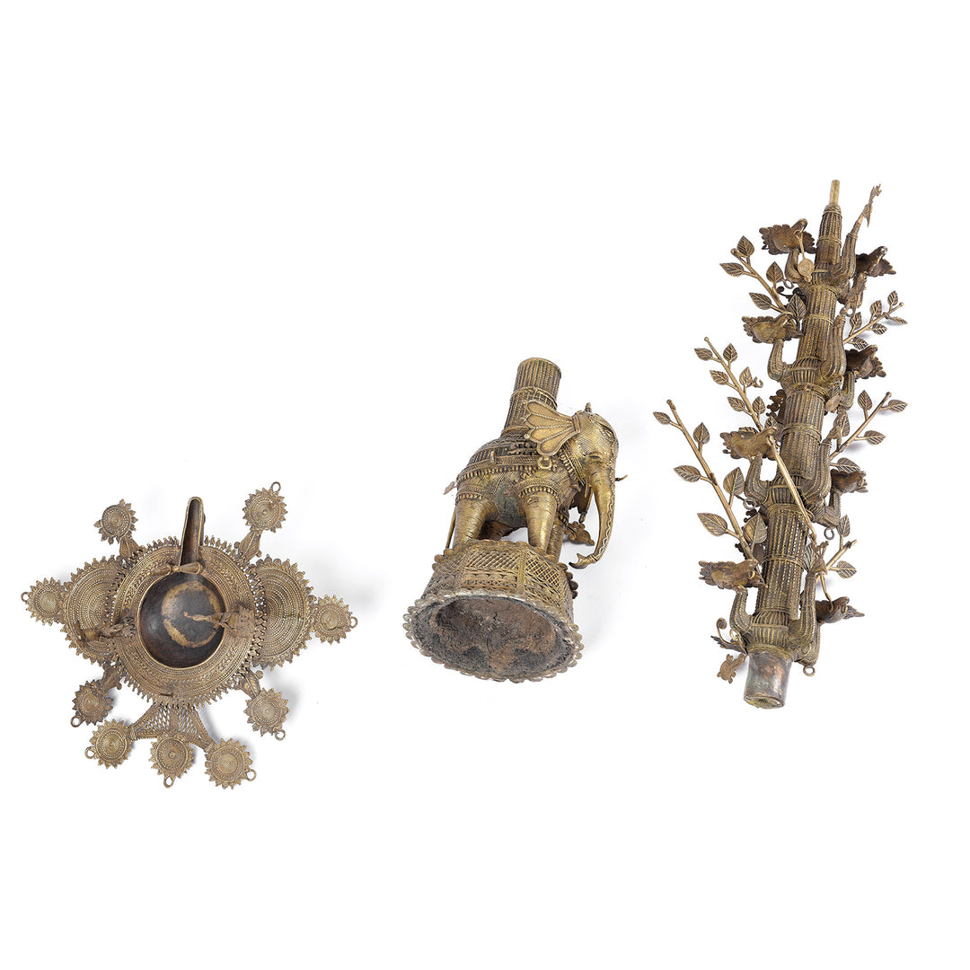 Deconstructed View Of Antique Brass Dhokra Work Lamp From Orissa - Ca 1920 | Indigo Antiques