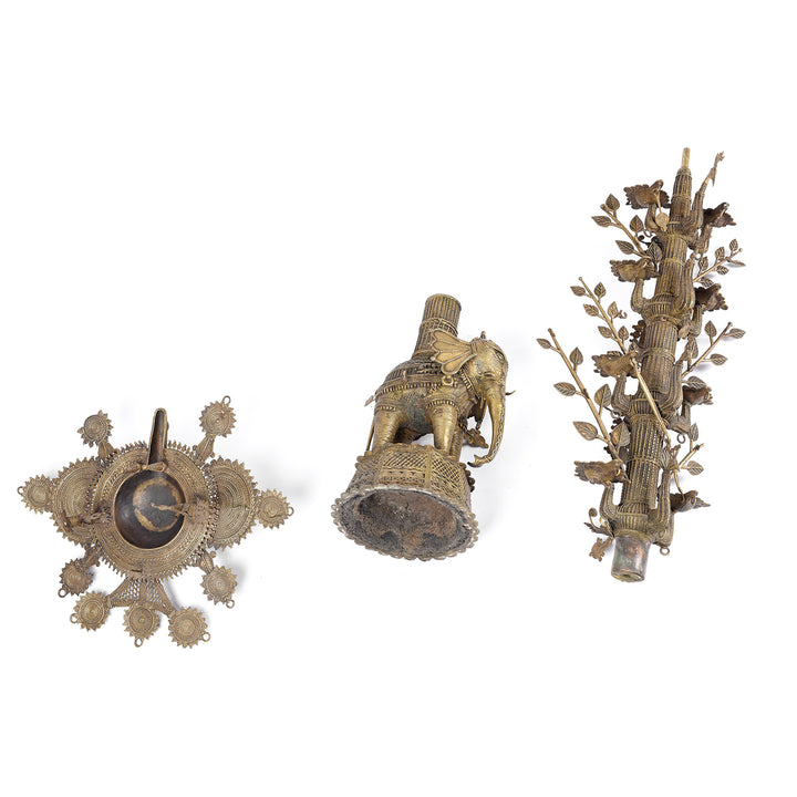 Deconstructed View Of Antique Brass Dhokra Work Lamp From Orissa - Ca 1920 | Indigo Antiques