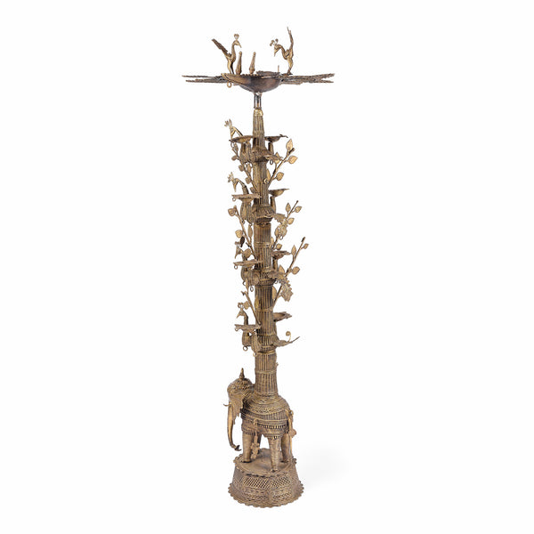 Brass Dhokra Tree Of Life Oil Lamp From Chhattisgarh - Ca 1900