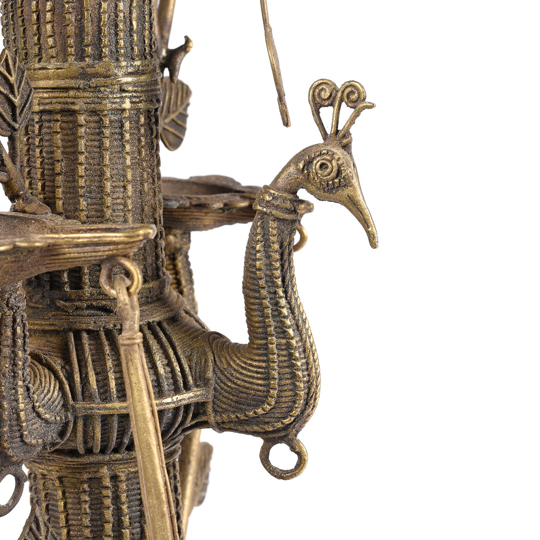 Peacock Detail From Antique Brass Dhokra Work Lamp From Orissa - Ca 1920 | Indigo Antiques