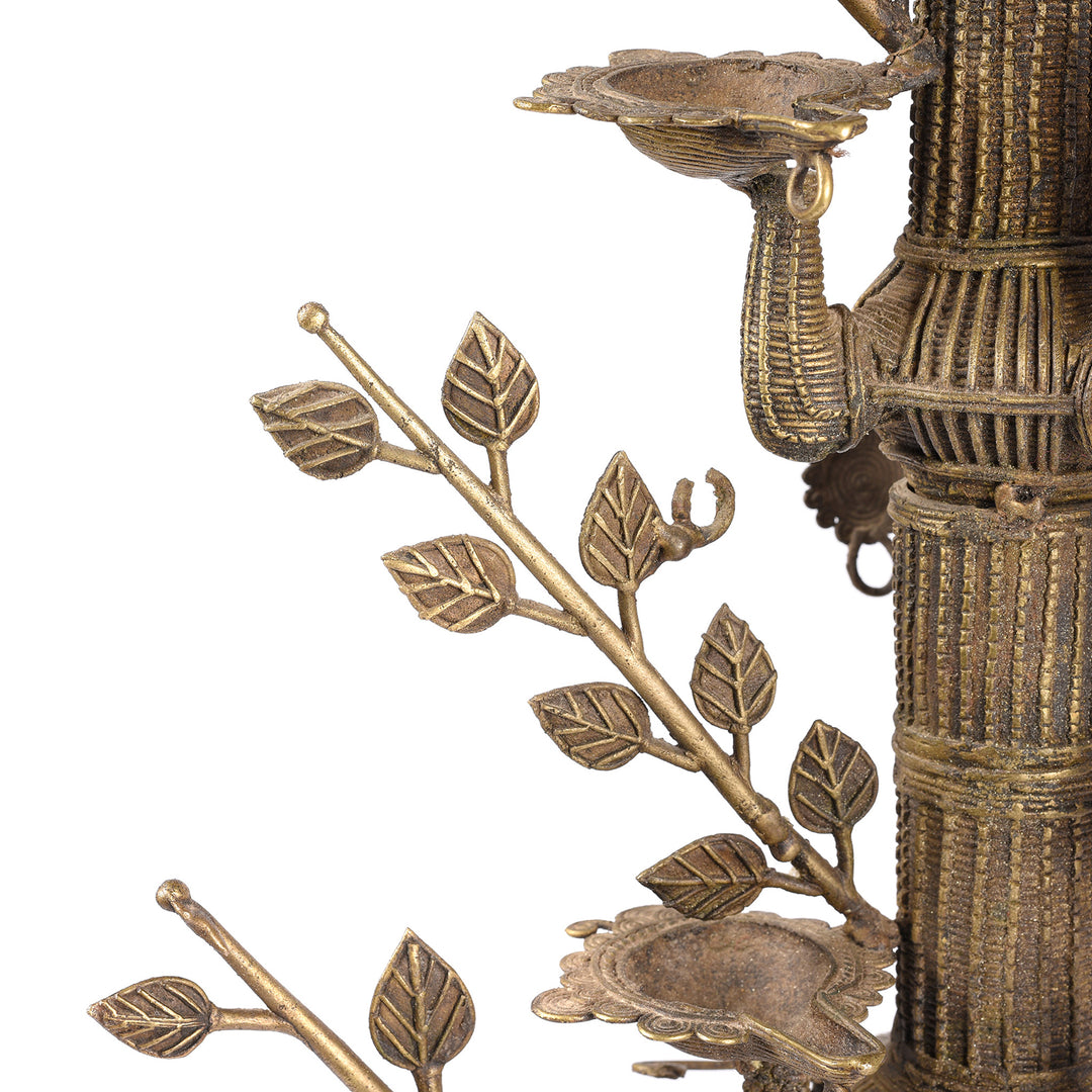 Tree Detail From Antique Brass Dhokra Work Lamp From Orissa - Ca 1920 | Indigo Antiques
