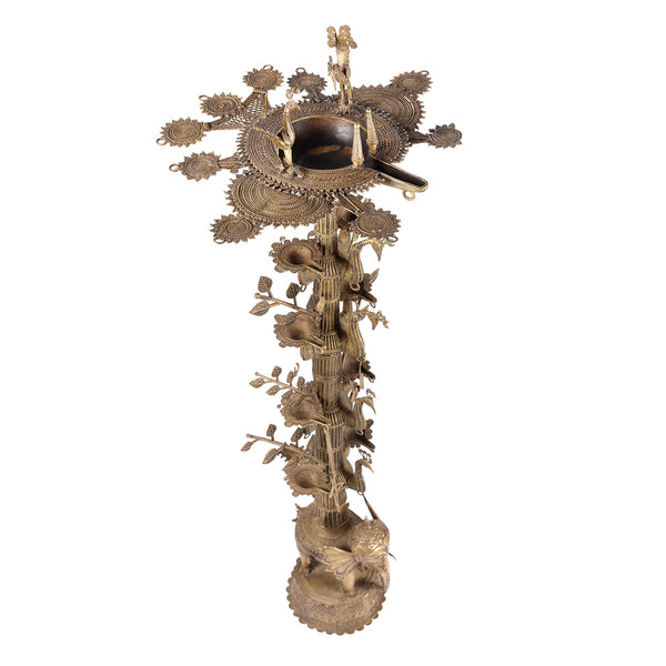 Brass Dhokra Tree Of Life Oil Lamp From Chhattisgarh - Ca 1900