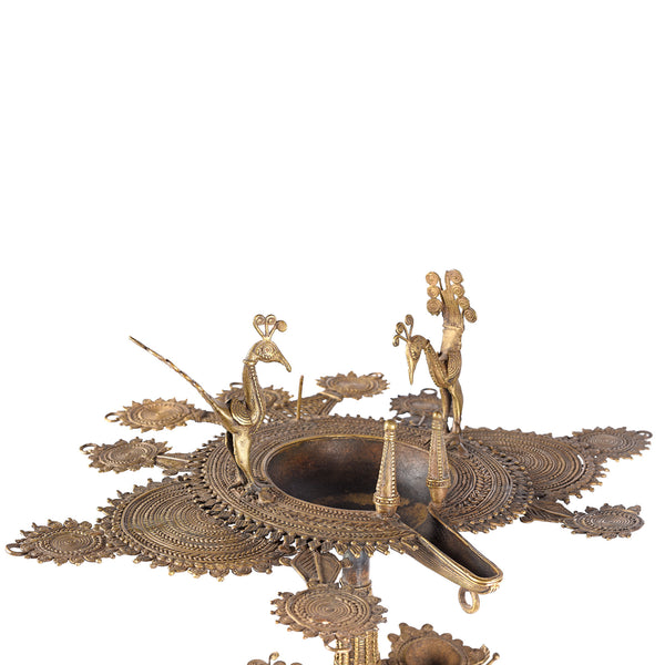 Brass Dhokra Tree Of Life Oil Lamp From Chhattisgarh - Ca 1900