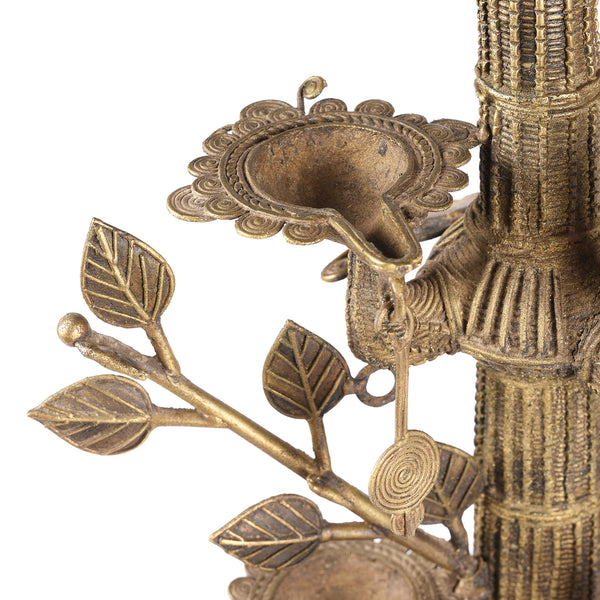 Brass Dhokra Tree Of Life Oil Lamp From Chhattisgarh - Ca 1900