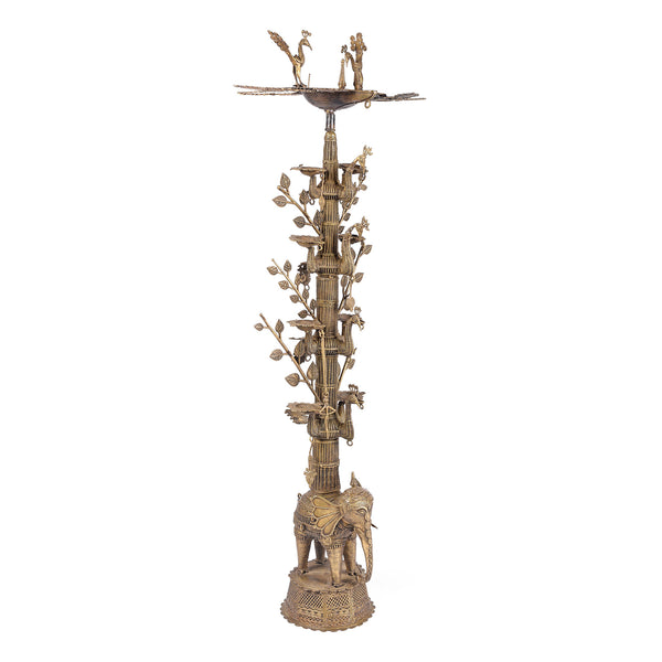 Brass Dhokra Tree Of Life Oil Lamp From Chhattisgarh - Ca 1900