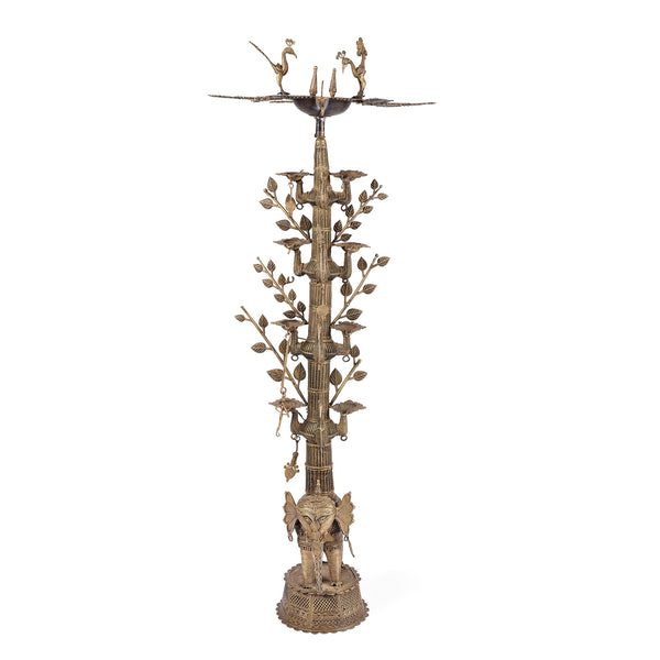 Brass Dhokra Tree Of Life Oil Lamp From Chhattisgarh - Ca 1900
