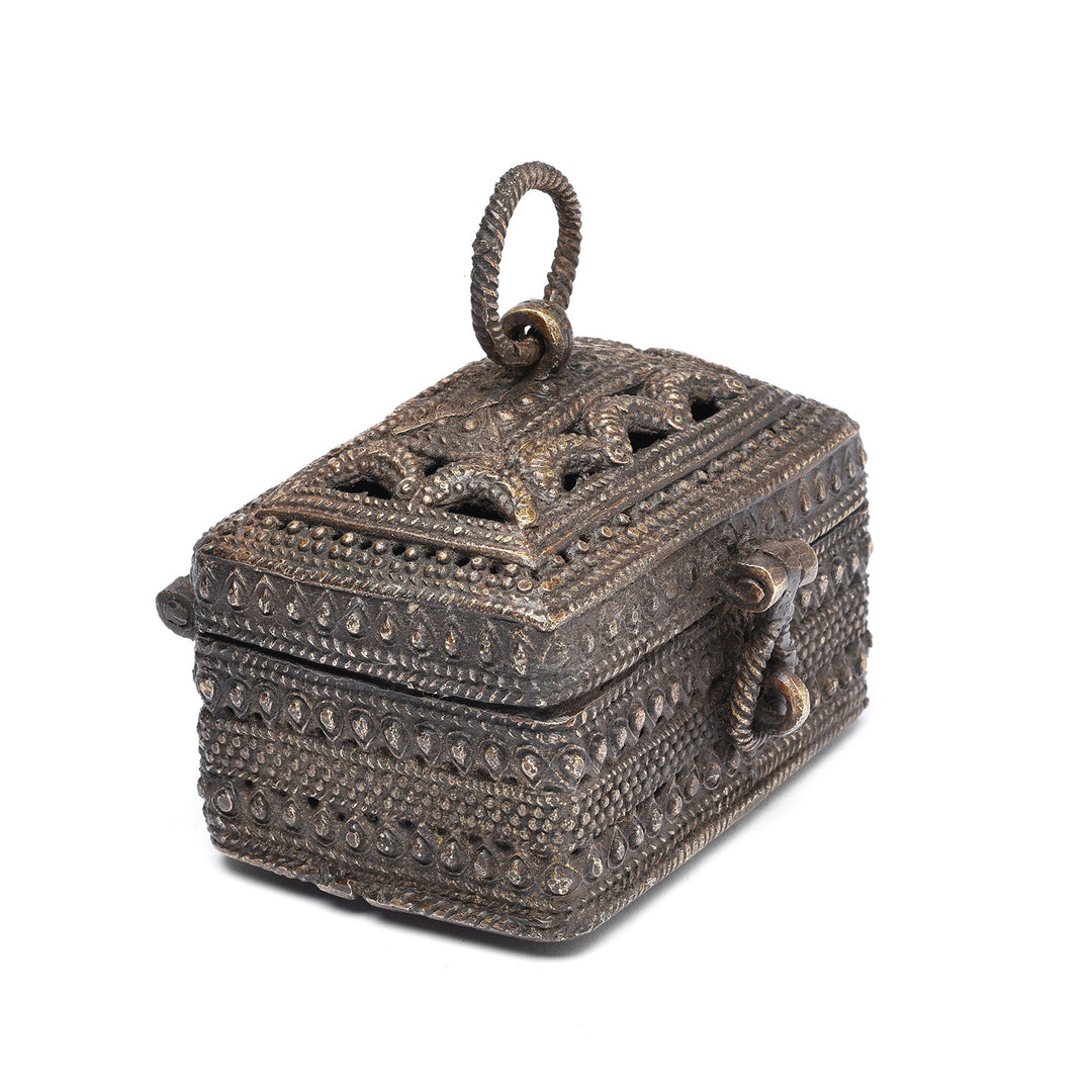 Angled View Of Brass Dhokra Work Money Box From Orissa - 1960's | Indigo Antiques