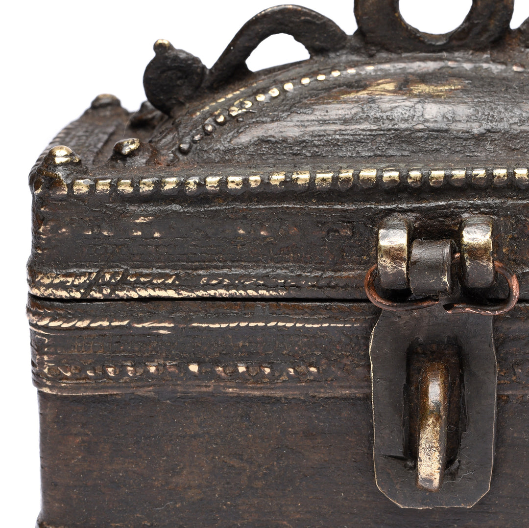 Detailed View Of Antique Brass Dhokra Work Money Box From Orissa - 19thC | Indigo Antiques