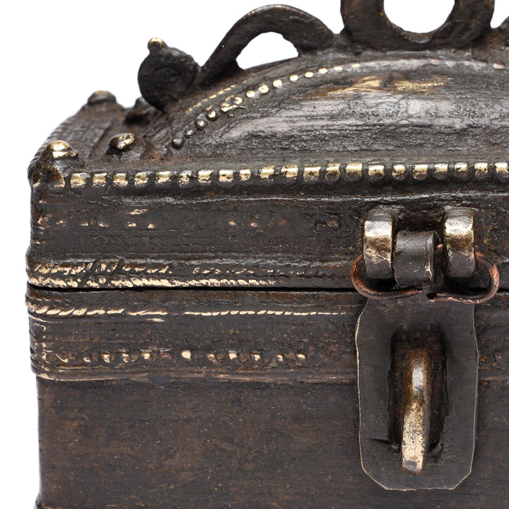 Detailed View Of Antique Brass Dhokra Work Money Box From Orissa - 19thC | Indigo Antiques