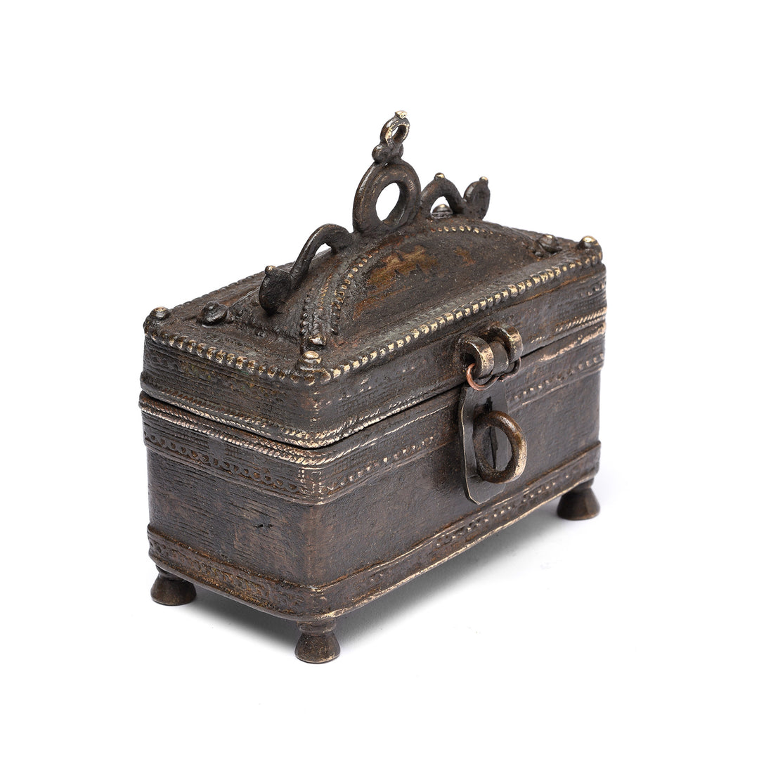 Angled View Of Antique Brass Dhokra Work Money Box From Orissa - 19thC | Indigo Antiques