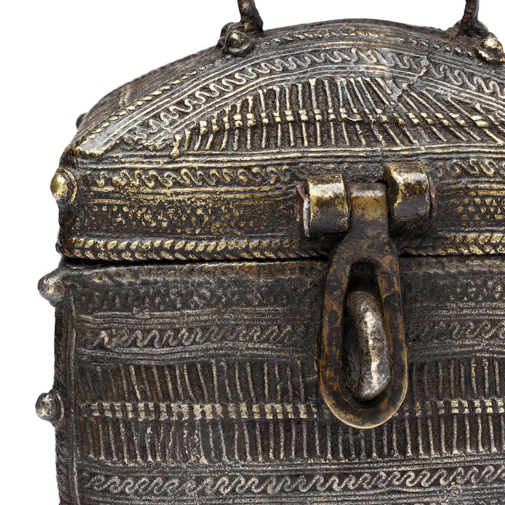 Corner Detail From Antique Brass Dhokra Work Money Box From Orissa - 19thC | Indigo Antiques