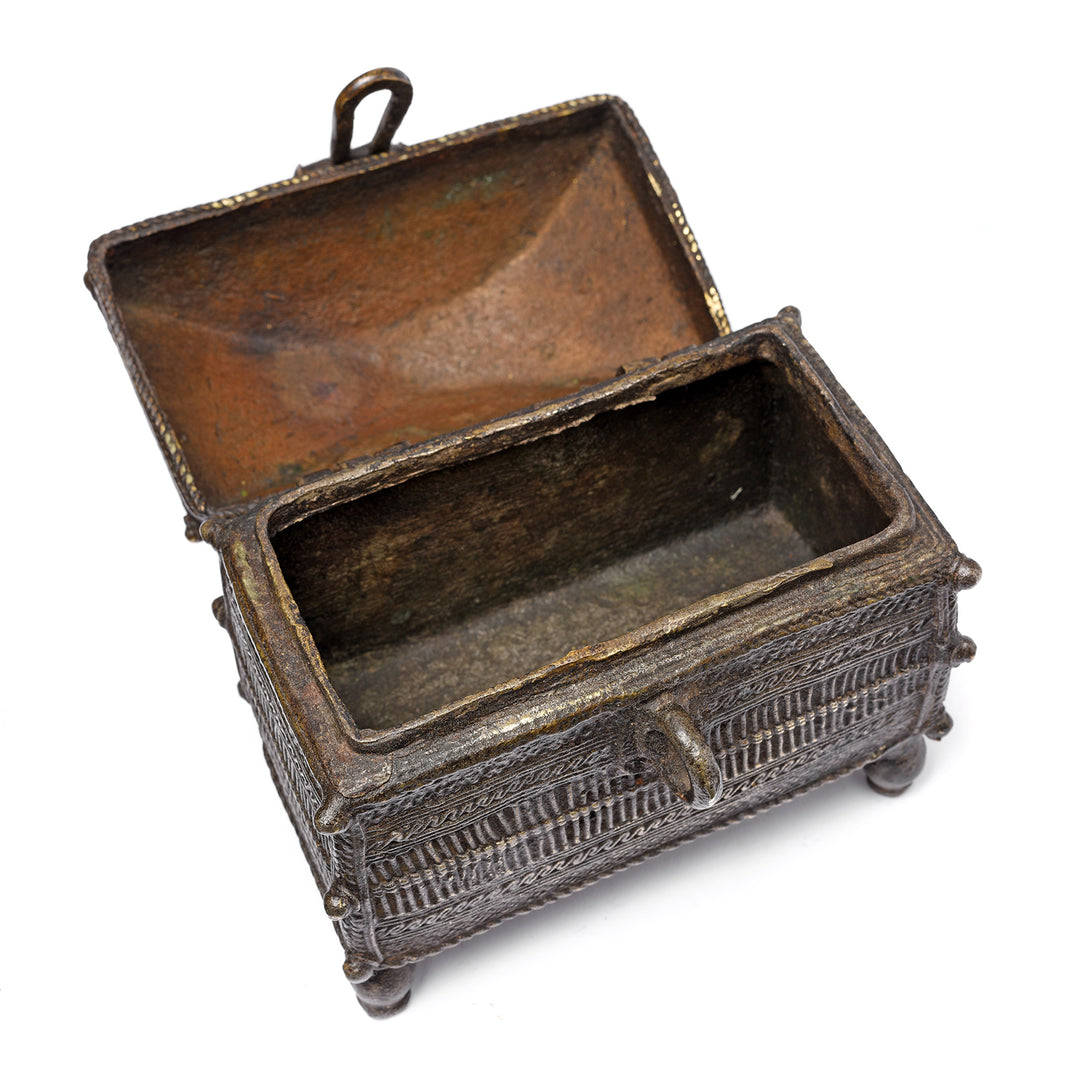 Interior Of Antique Brass Dhokra Work Money Box From Orissa - 19thC | Indigo Antiques