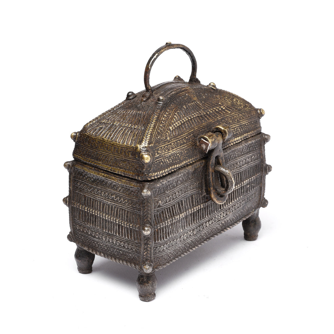Angled View Of Antique Brass Dhokra Work Money Box From Orissa - 19thC | Indigo Antiques