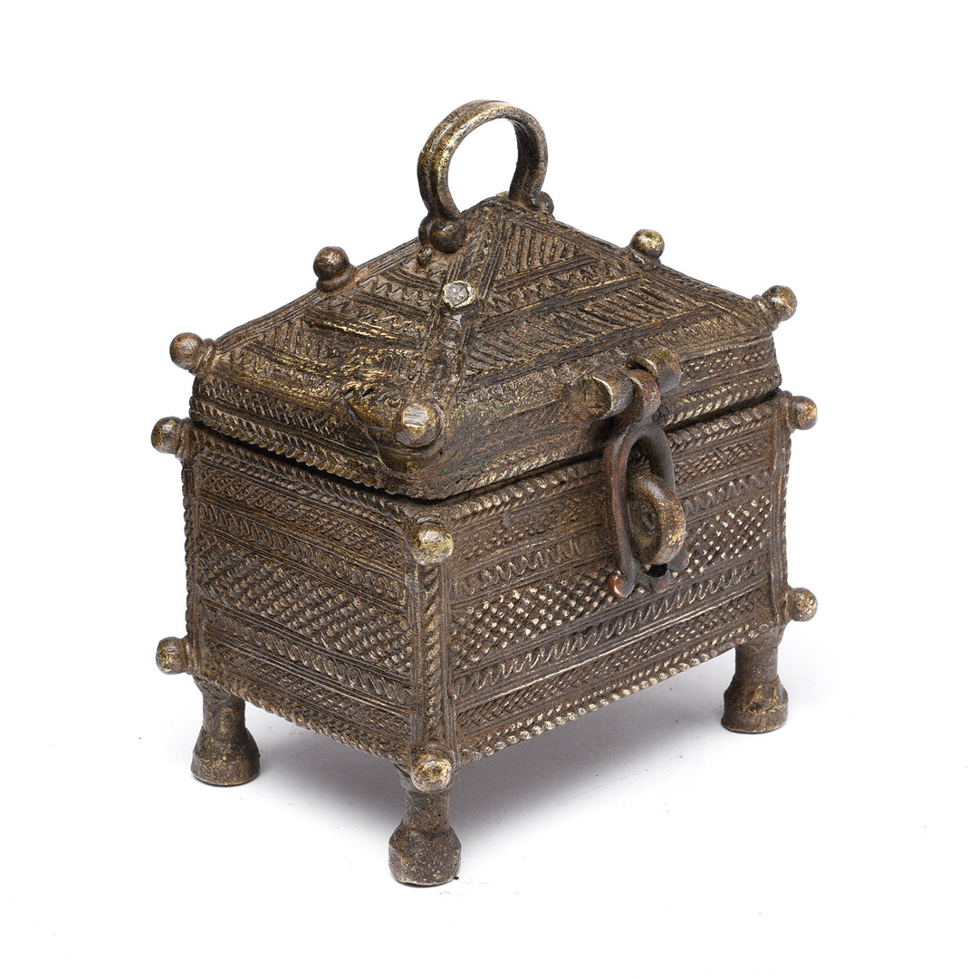 Angled View Of Antique Brass Dhokra Work Money Box From Orissa - 19thC | Indigo Antiques