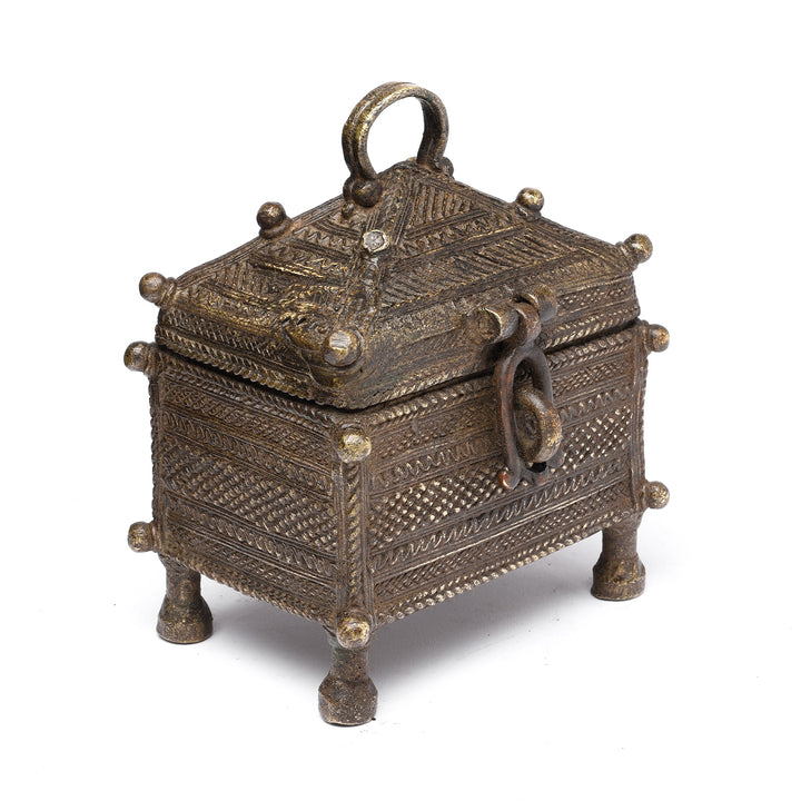 Angled View Of Antique Brass Dhokra Work Money Box From Orissa - 19thC | Indigo Antiques
