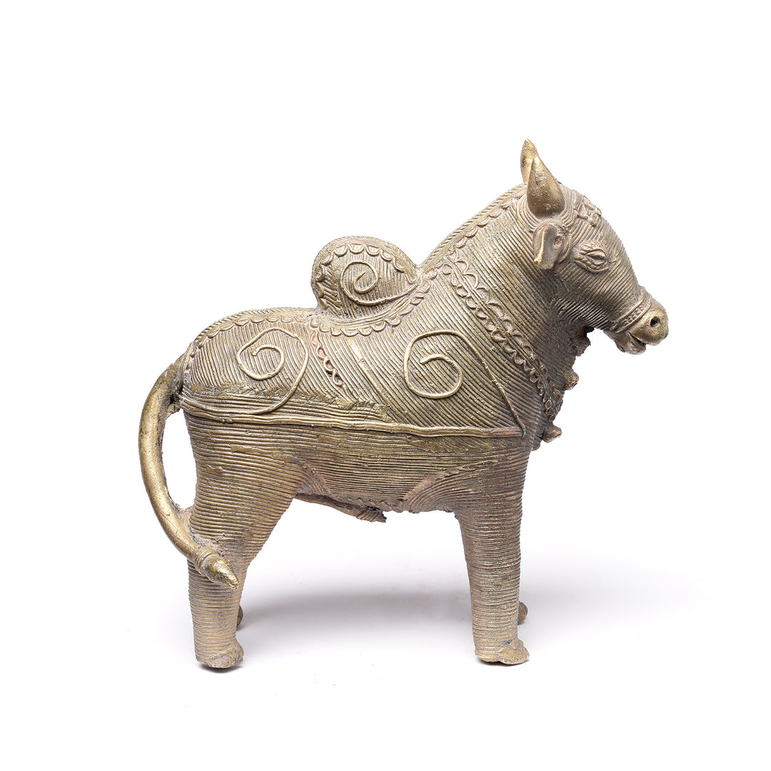 Side View Of Brass Dhokra Work Nandi Bull From Orissa | Indigo Antiques