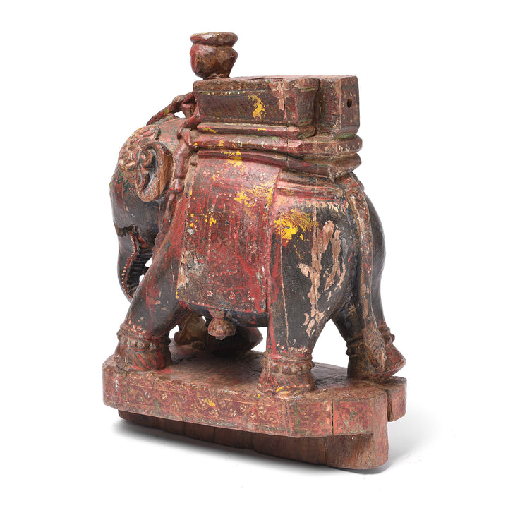 Angled Rear View Of Antique Painted Wooden Elephant With Rider From Rajasthan - 19th Century | Indigo Antiques