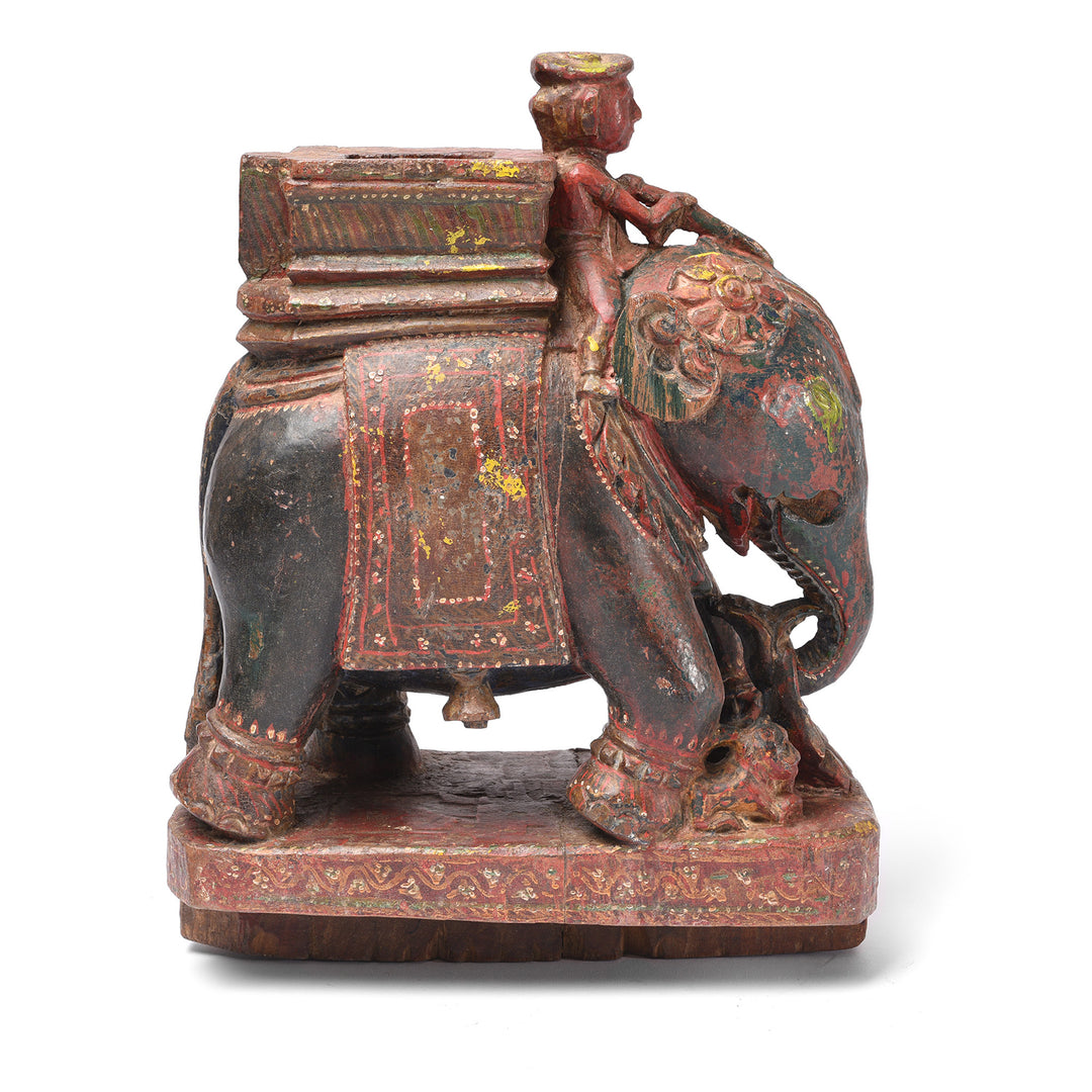 Antique Painted Wooden Elephant With Rider From Rajasthan - 19th Century | Indigo Antiques