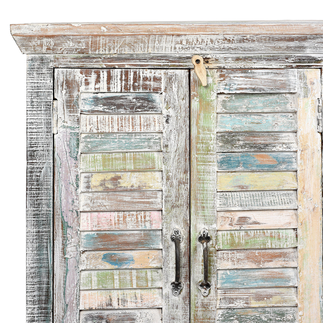 Detail of a Reclaimed Painted 6 Door Louvre Sideboard From India | Indigo Antiques