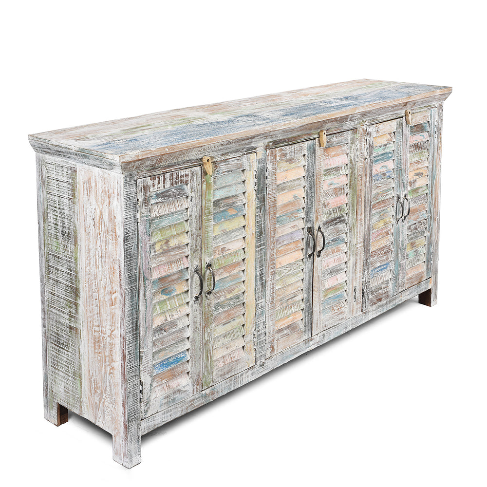 Side detail of a Reclaimed Painted 6 Door Louvre Sideboard From India | Indigo Antiques