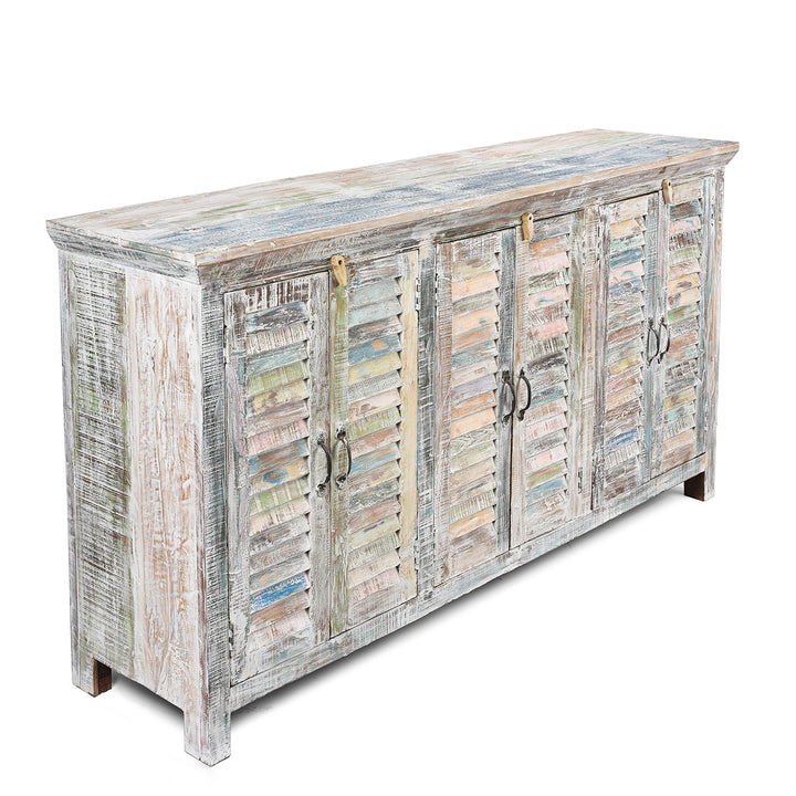 Side detail of a Reclaimed Painted 6 Door Louvre Sideboard From India | Indigo Antiques