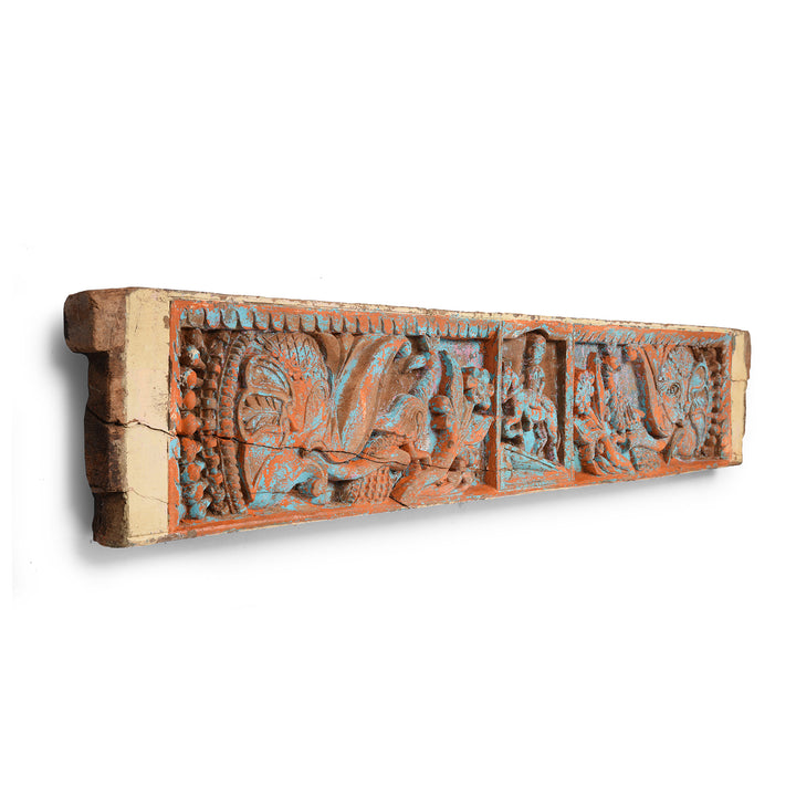 Angled View Of Antique Carved Teak Lintel Panel From Madhya Pradesh - 19th Century | Indigo Antiques