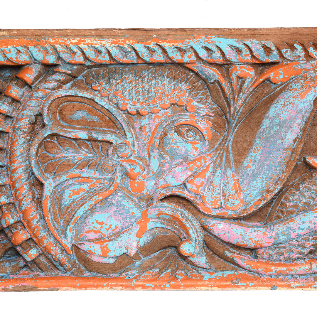 Gaja Elephant detail on an Antique Carved & Painted Teak Gajalakshmi Indian Lintel Panel from Tamil Nadu - 19th Century | Indigo Antiques