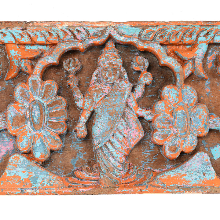 Detail of Lakshmi on an Antique Carved & Painted Teak Gajalakshmi Indian Lintel Panel from Tamil Nadu - 19th Century | Indigo Antiques