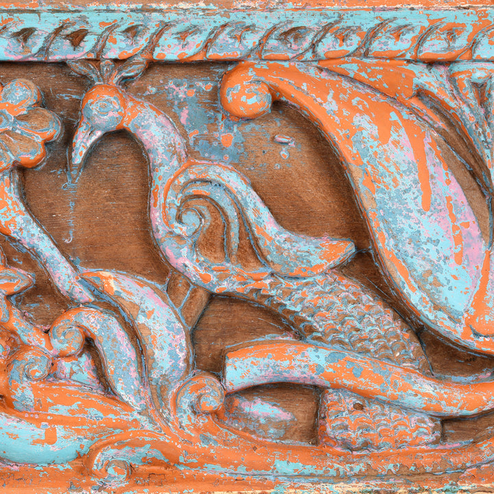 Peacock Detail on an Antique Carved & Painted Teak Gajalakshmi Indian Lintel Panel from Tamil Nadu - 19th Century | Indigo Antiques