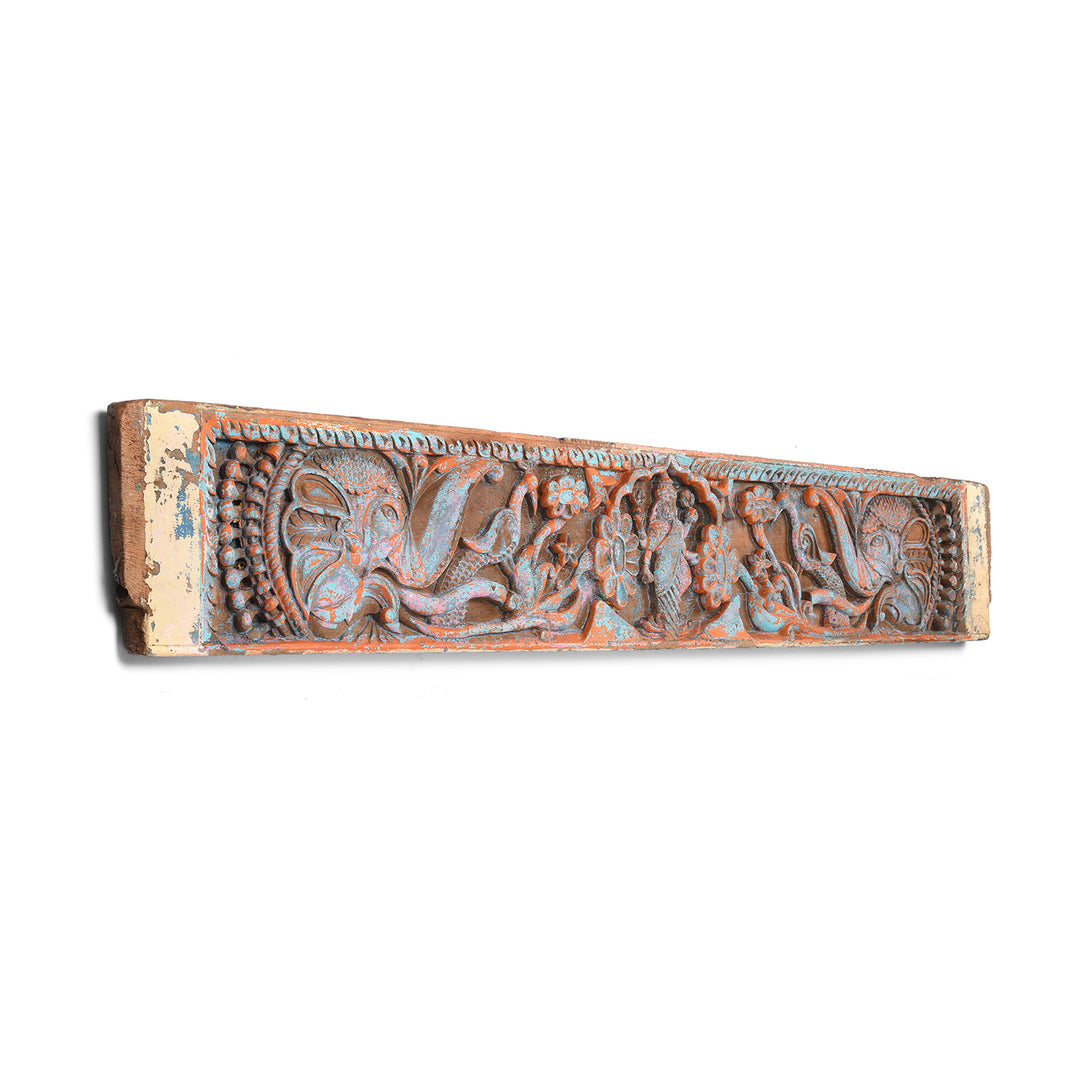 Antique Carved & Painted Teak Gajalakshmi Indian Lintel Panel from Tamil Nadu - 19th Century | Indigo Antiques