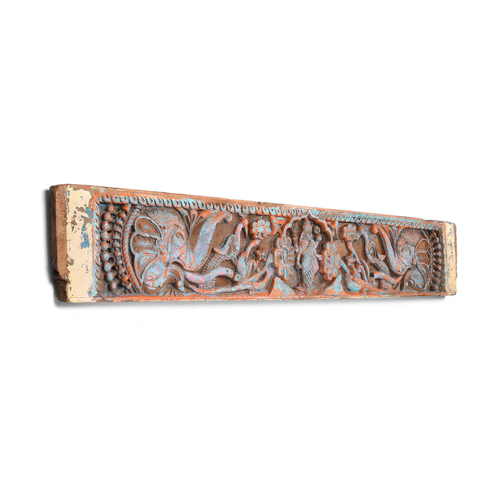 Antique Carved & Painted Teak Gajalakshmi Indian Lintel Panel from Tamil Nadu - 19th Century | Indigo Antiques