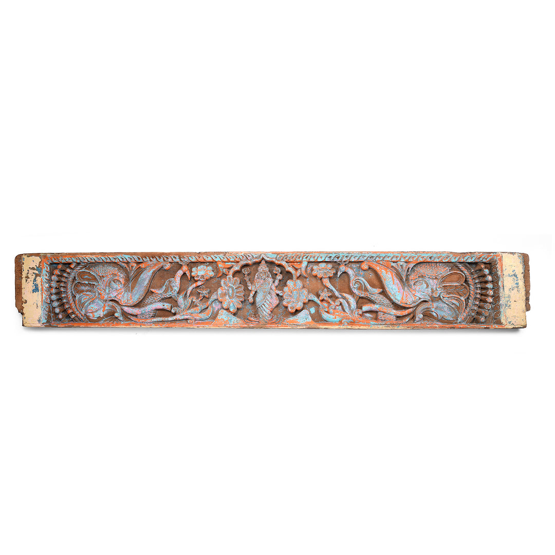 Antique Carved & Painted Teak Gajalakshmi Indian Lintel Panel from Tamil Nadu - 19th Century | Indigo Antiques