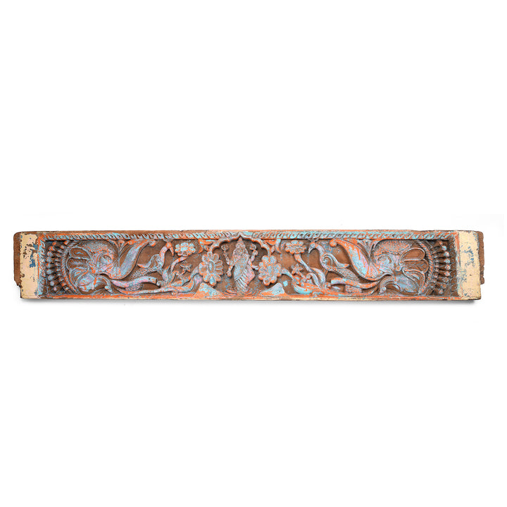 Antique Carved & Painted Teak Gajalakshmi Indian Lintel Panel from Tamil Nadu - 19th Century | Indigo Antiques