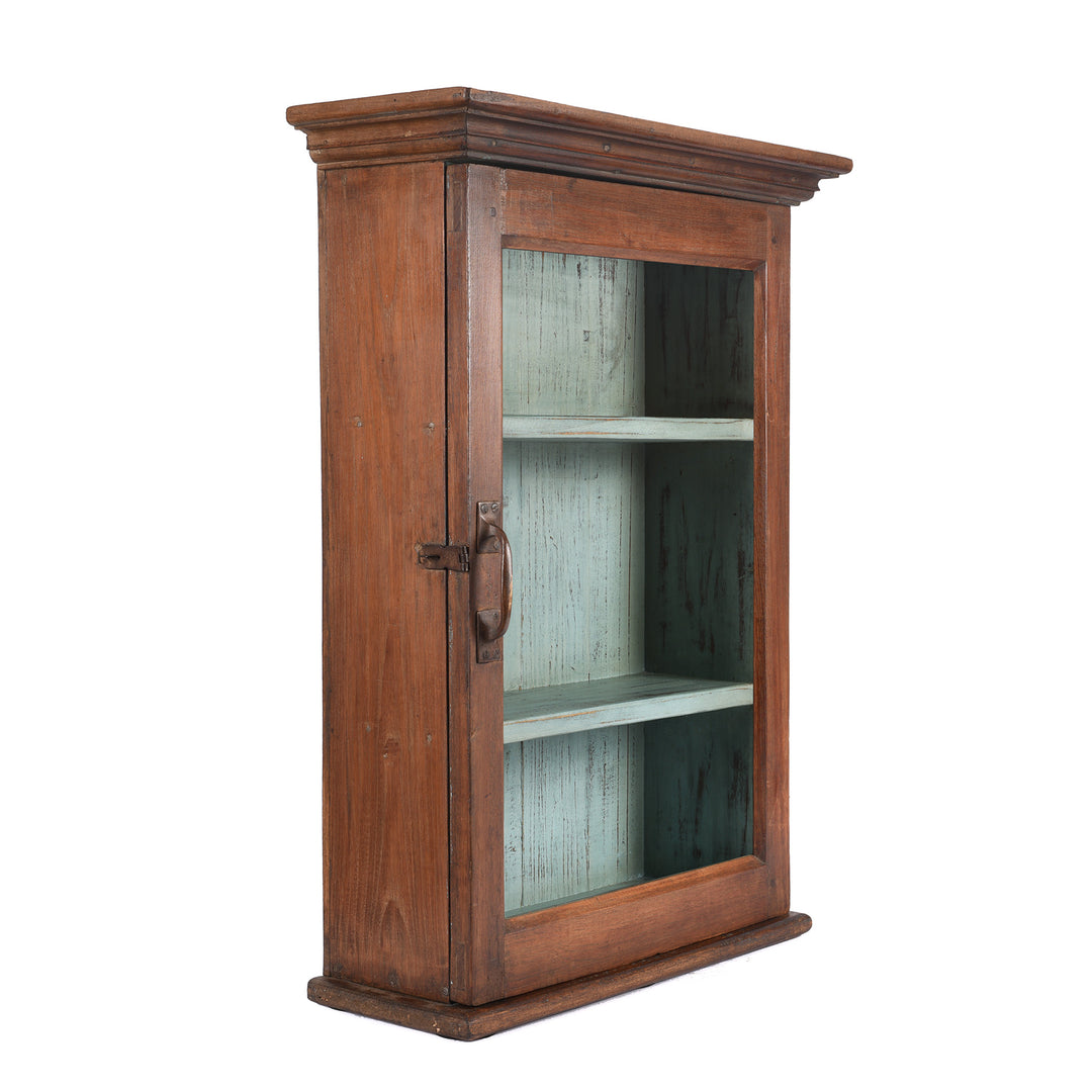 Angled View Of Antique Glazed Teak Wall Cabinet From Gujarat - Ca 1930 | Indigo Antiques