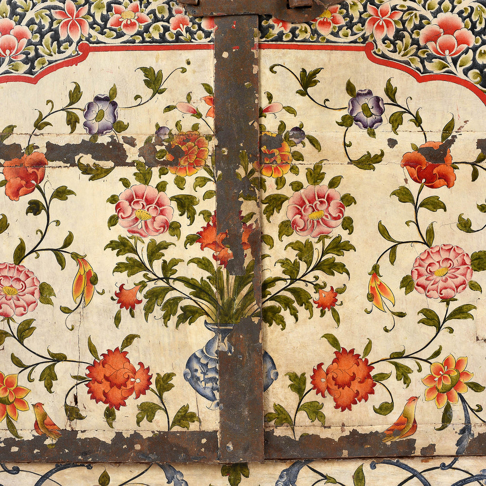 Mughal tree of life design chintz inspired painting on a 17th century antique Indian window shutter from Bikaner | Indigo Antiques