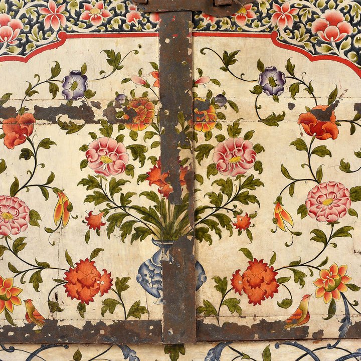 Mughal tree of life design chintz inspired painting on a 17th century antique Indian window shutter from Bikaner | Indigo Antiques