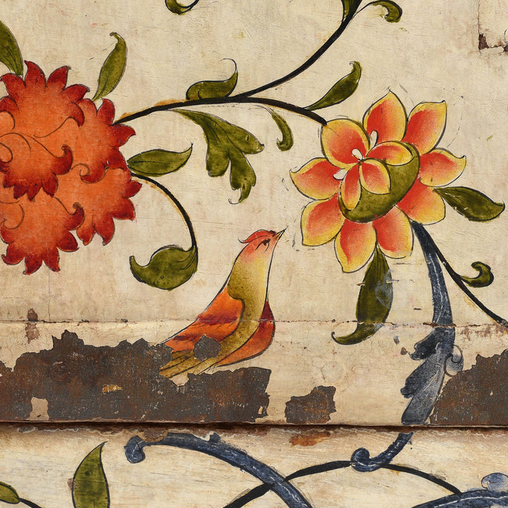 Mughal bird painting on a 17th century antique Indian chintz window shutter from Bikaner | Indigo Antiques
