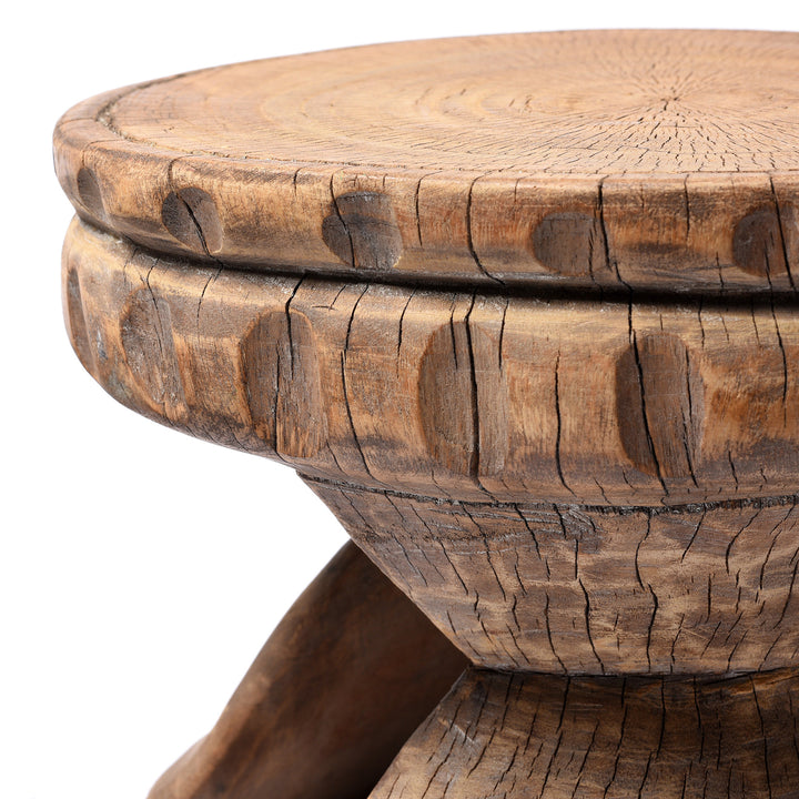 Carving Detail From Antique Old Neem Wood Stool From Himachal Pradesh - Circa 1960's | Indigo Antiques