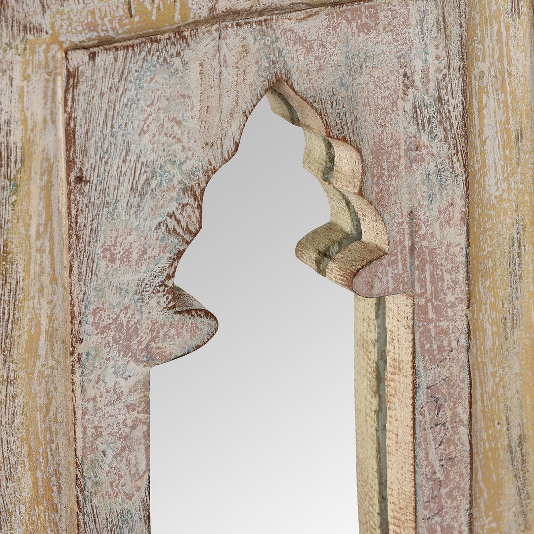 Angled View Of Antique Small Indian Mirror Made From Old Teak Mihrab Panel - 19th Century | Indigo Antiques